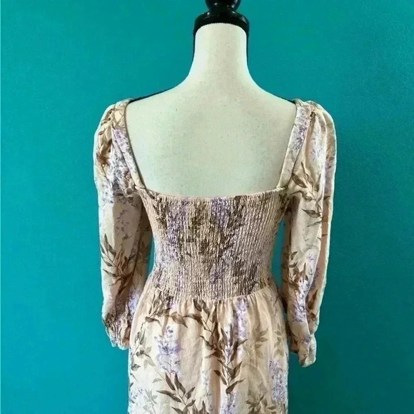 House of Harlow Peach Linen Blend Smocked floral Peasant Maxi Dress in size XS - Picture 4 of 6